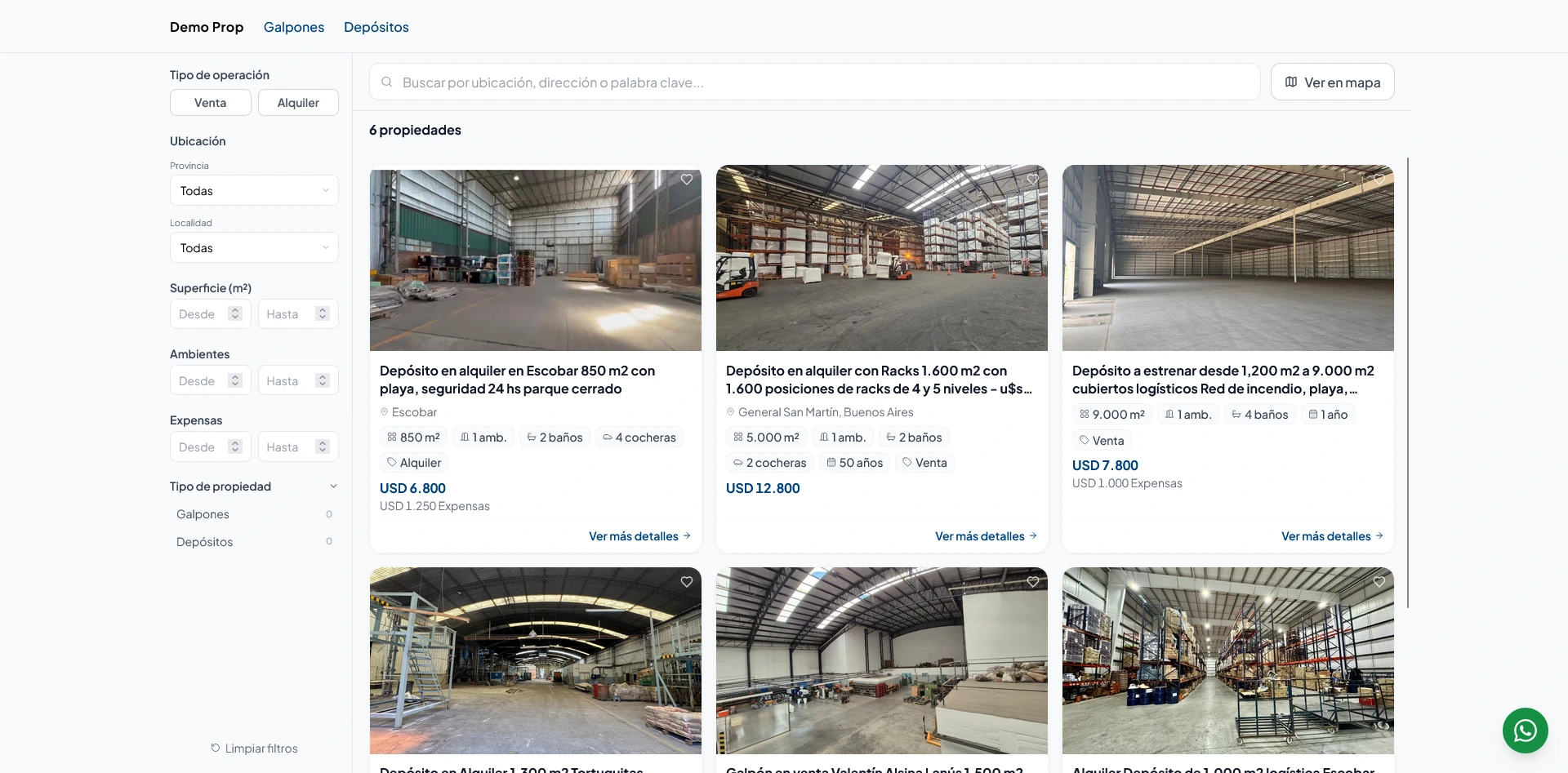 Demo de portal inmobiliario de galpones y depósitos con filtros de búsqueda