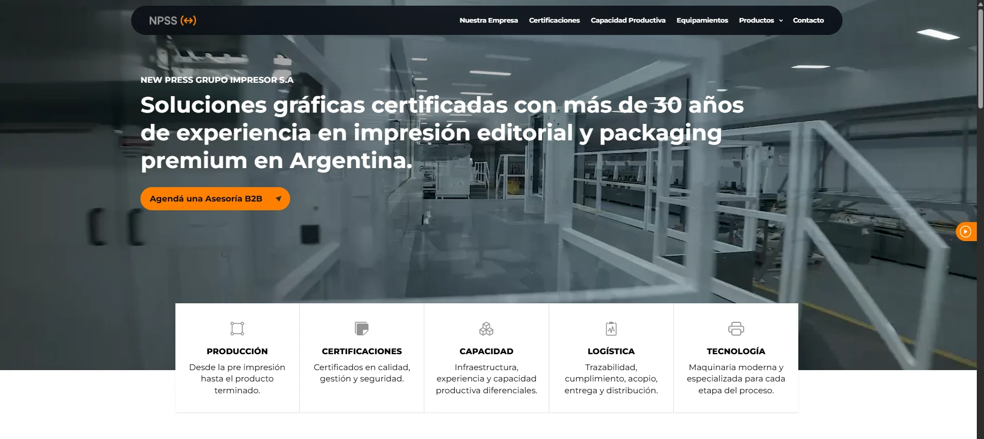 Inicio del sitio de New Press Grupo Impresor desarrollado por Zefell: planta industrial y accesos a Producción, Certificaciones, Capacidad, Logística y Tecnología